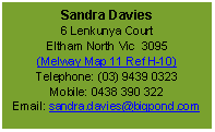 Text Box: Sandra Davies
6 Lenkunya Court
Eltham North Vic 3095
(Melway Map 11 Ref H-10)
Telephone: (03) 9439 0323
Mobile: 0438 390 322
Email: sandra.davies@bigpond.com